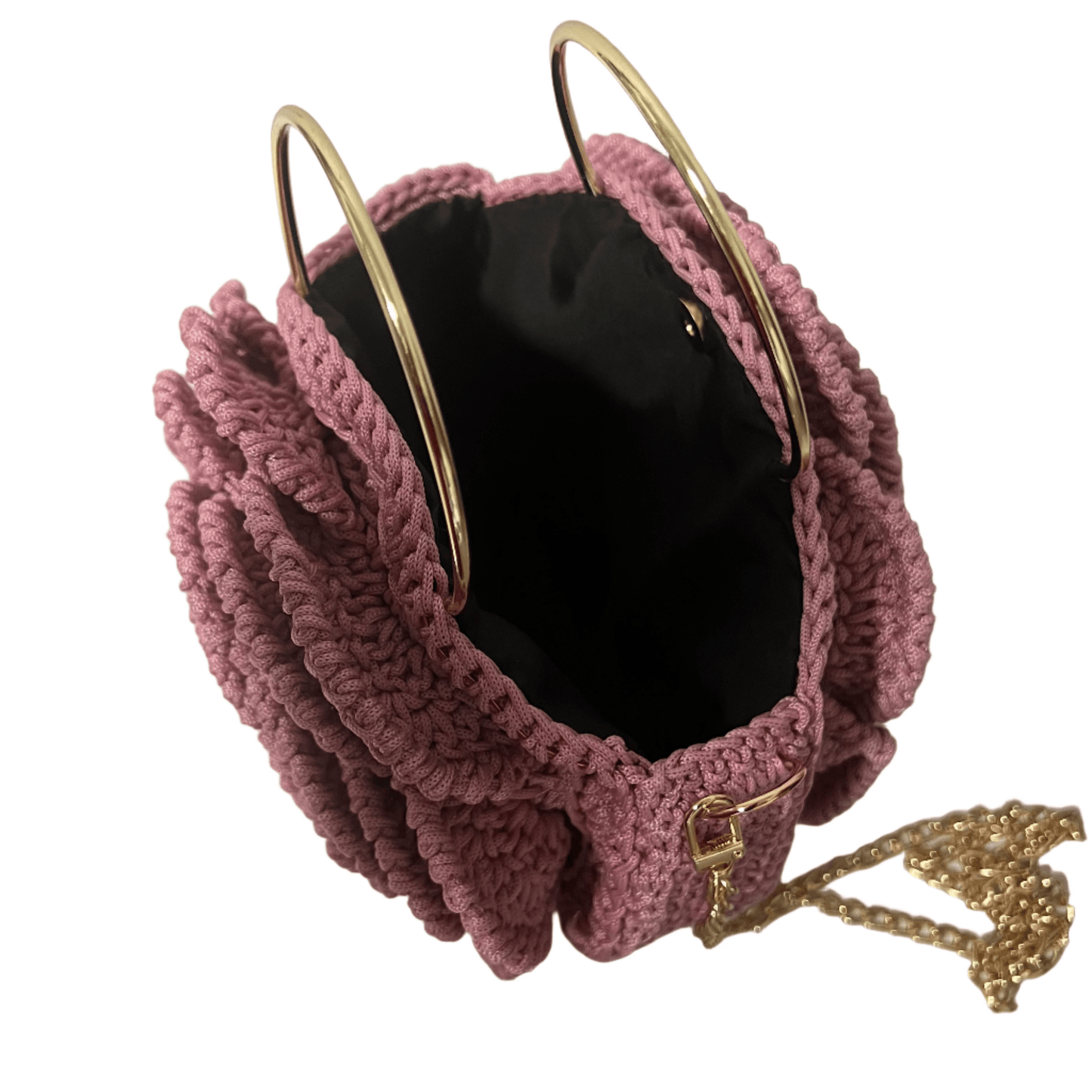 Pink African Handmade Flower Purse by ThreadsByHannah pink crocheted ruffled handbag with gold handles and chain black interior