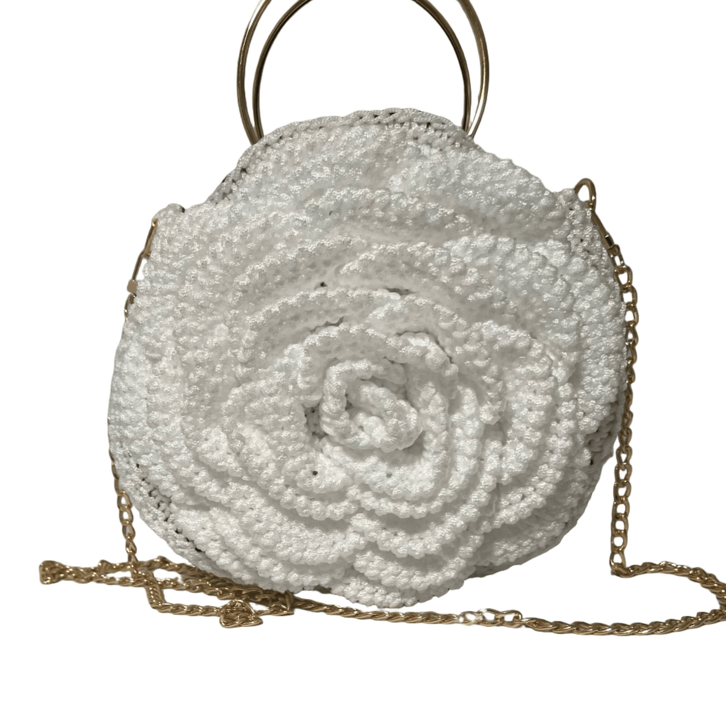 White African Handmade Crochet Flower Purse round white crochet handbag with gold chain and ring handles by ThreadsByHannah
