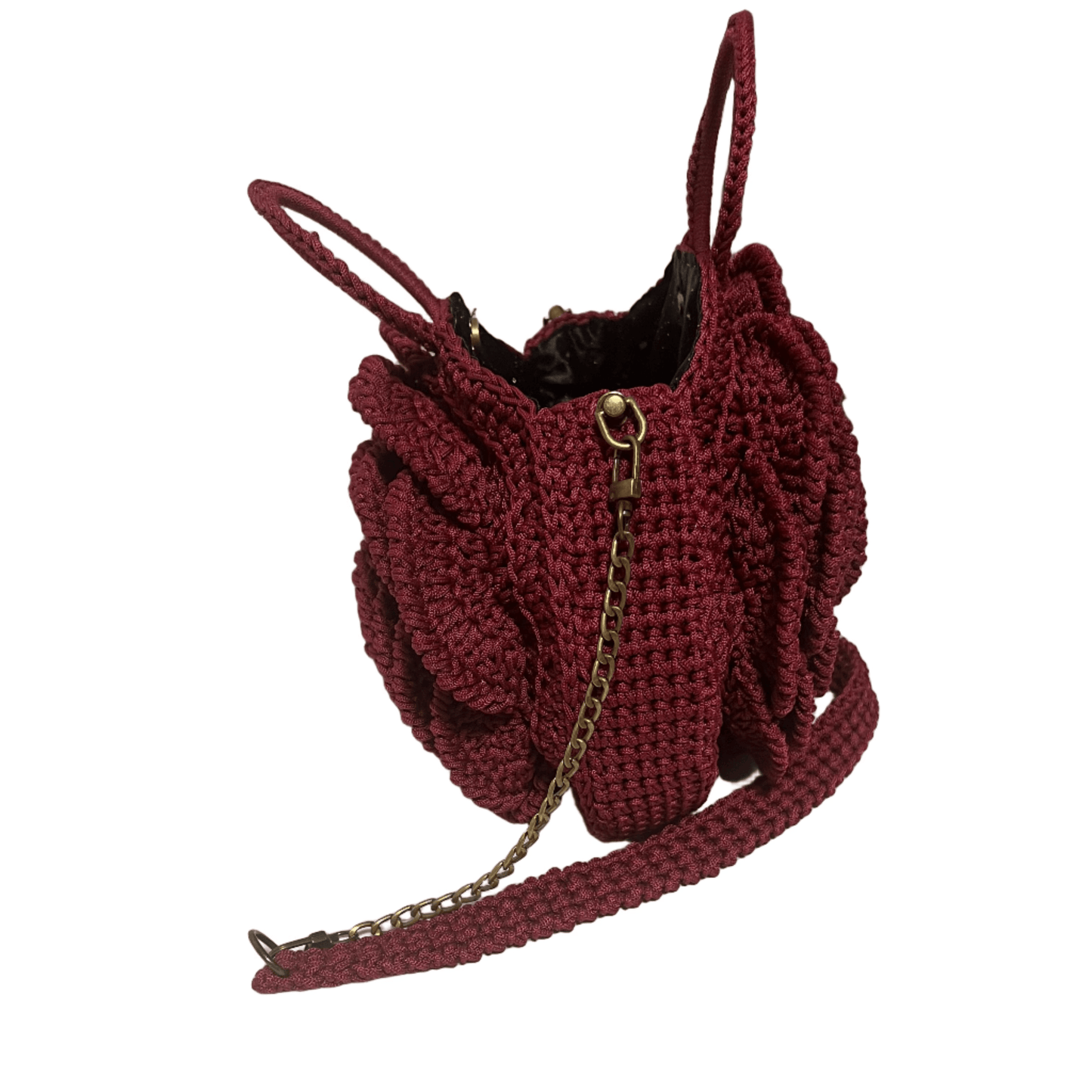 Red African Handmade Crochet Flower Purse by ThreadsByHannah with 3D floral crochet gold chain and braided strap