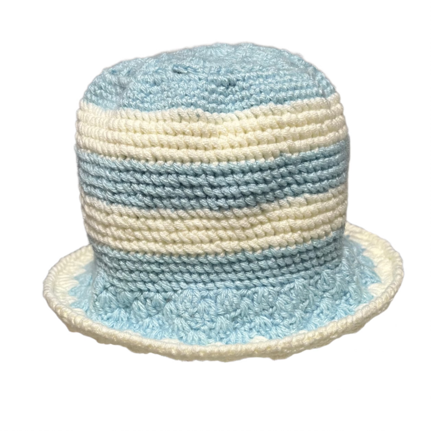 ThreadsByHannah blue stripe crochet bucket hat with soft textured knit and wide brim