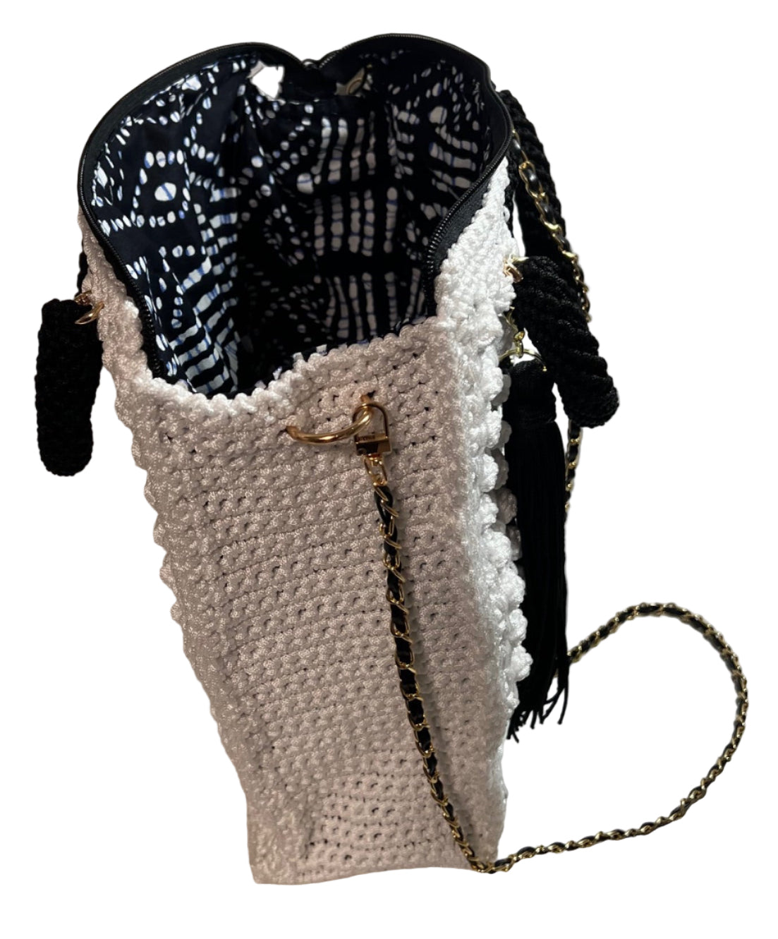 Boho black and white shoulder bag with unique crochet design and stylish interior pattern