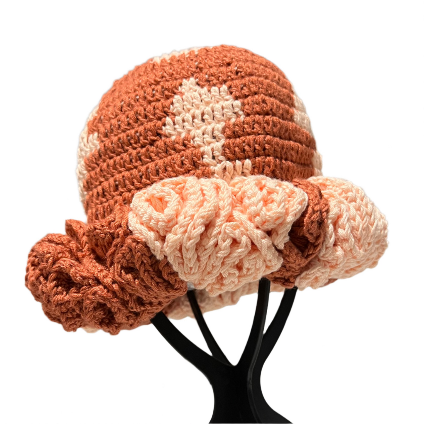 ThreadsByHannah crochet ruffle hat for women in brown and beige with textured ruffle brim
