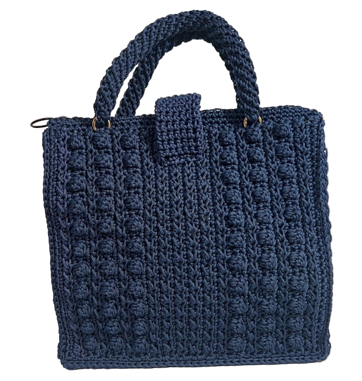 Navy Blue Crochet Shoulder Bag for Women with Textured Design and Sturdy Handles
