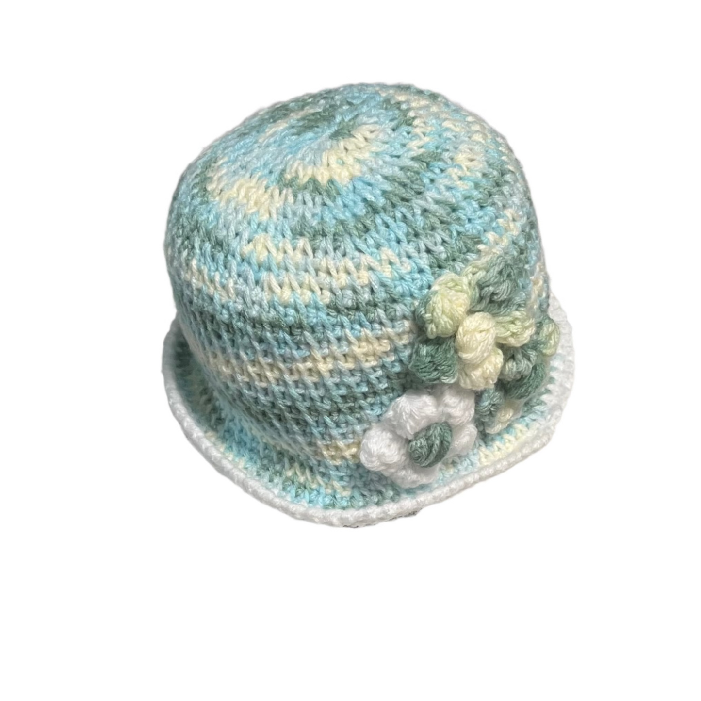 ThreadsByHannah floral crochet Bucket Hat for kids in blue and white with flower details