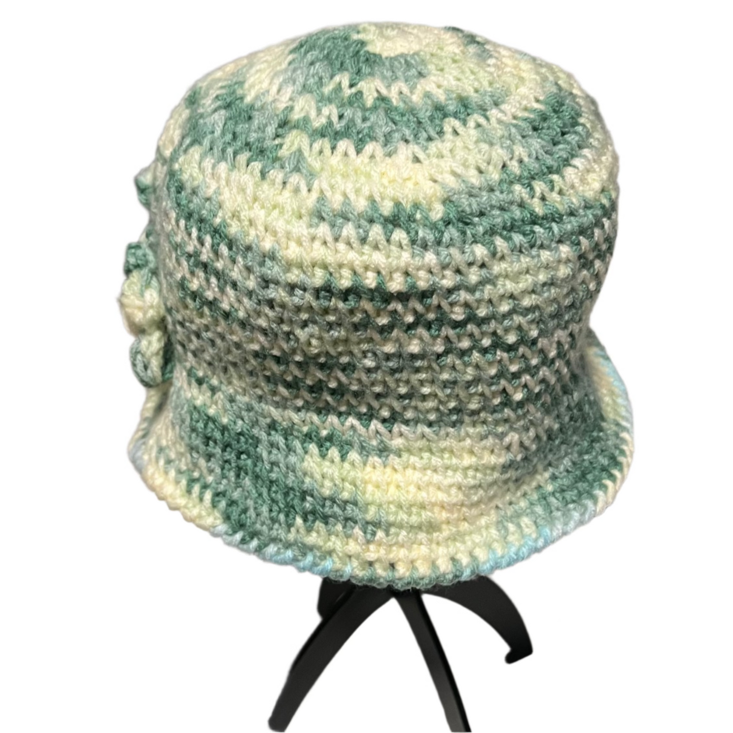 ThreadsByHannah hand crocheted flower bucket hat for adults in soft green and cream colors