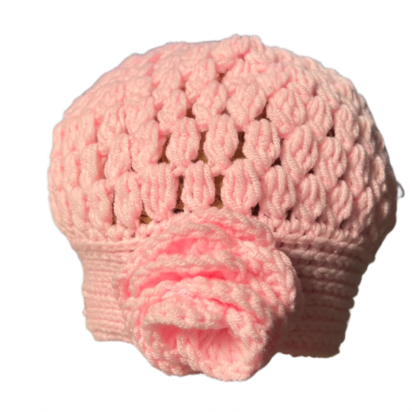 Pink girls crochet beret flower hat 4-10 years with textured stitch and large flower detail