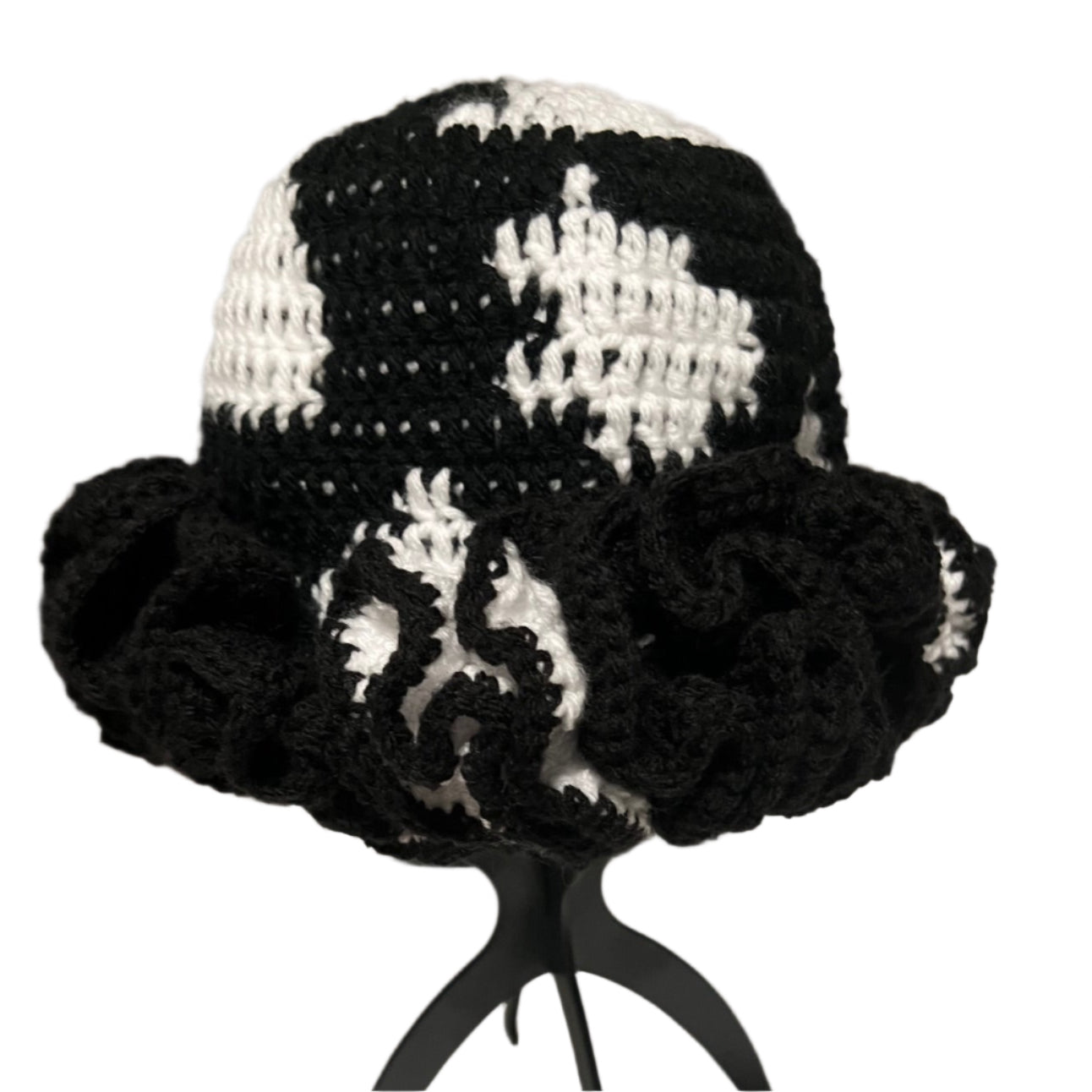 Handmade black and white ruffle hat with crochet pattern by ThreadsByHannah