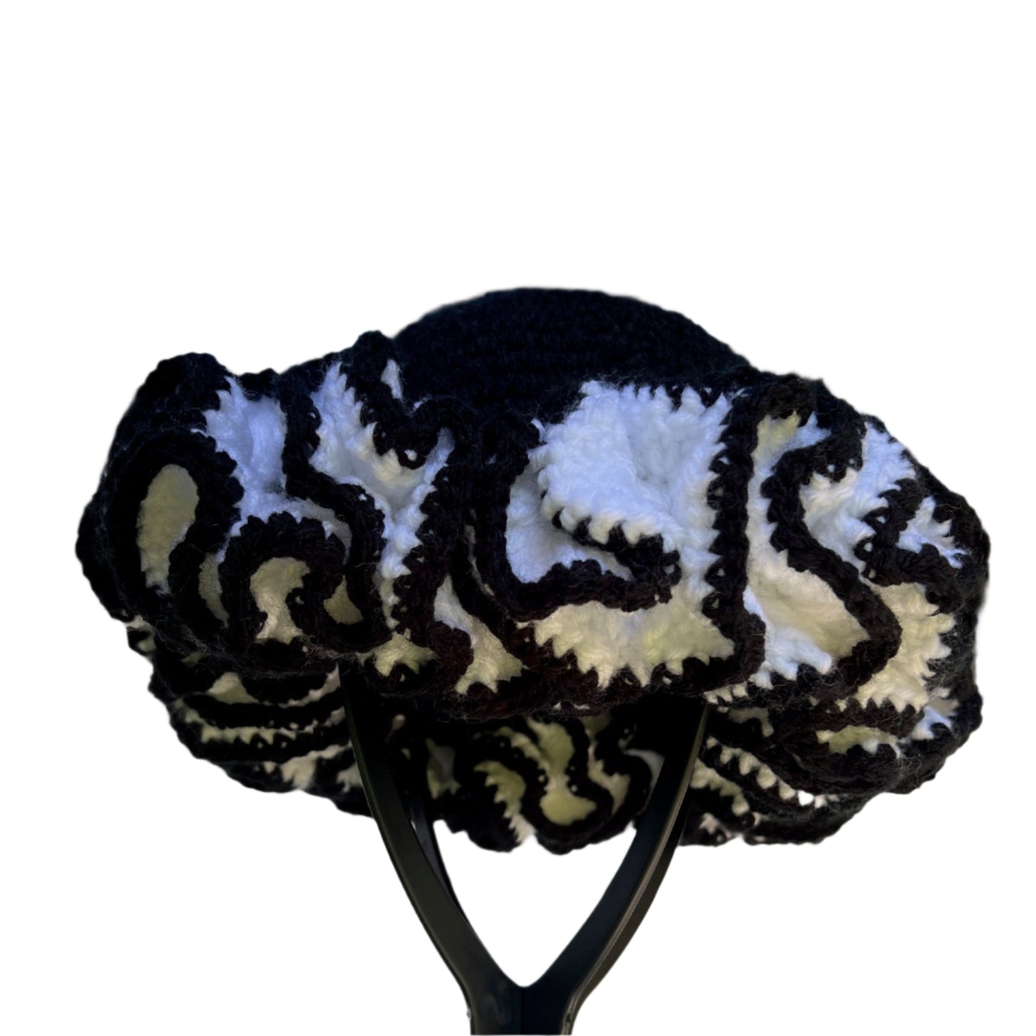 Handmade black and white ruffle hat with intricate crochet design by ThreadsByHannah