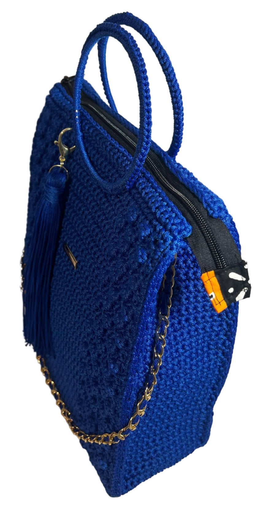 Handmade blue African print handbag with stylish tassel and gold chain for trendy accessory lovers
