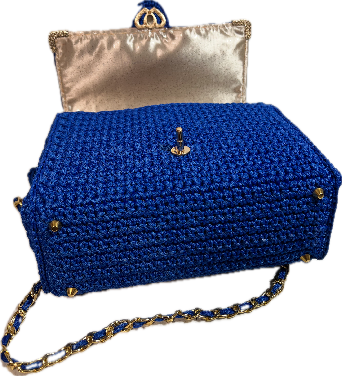 Handmade Blue Crochet Clutch Handbag Purse with a plush interior and stylish gold chain strap