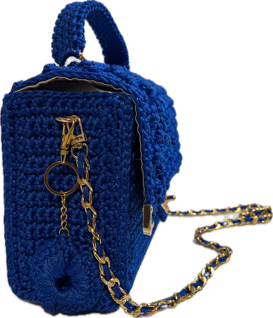 Handmade Blue Crochet Clutch Handbag Purse with a stylish chain strap and gold accents