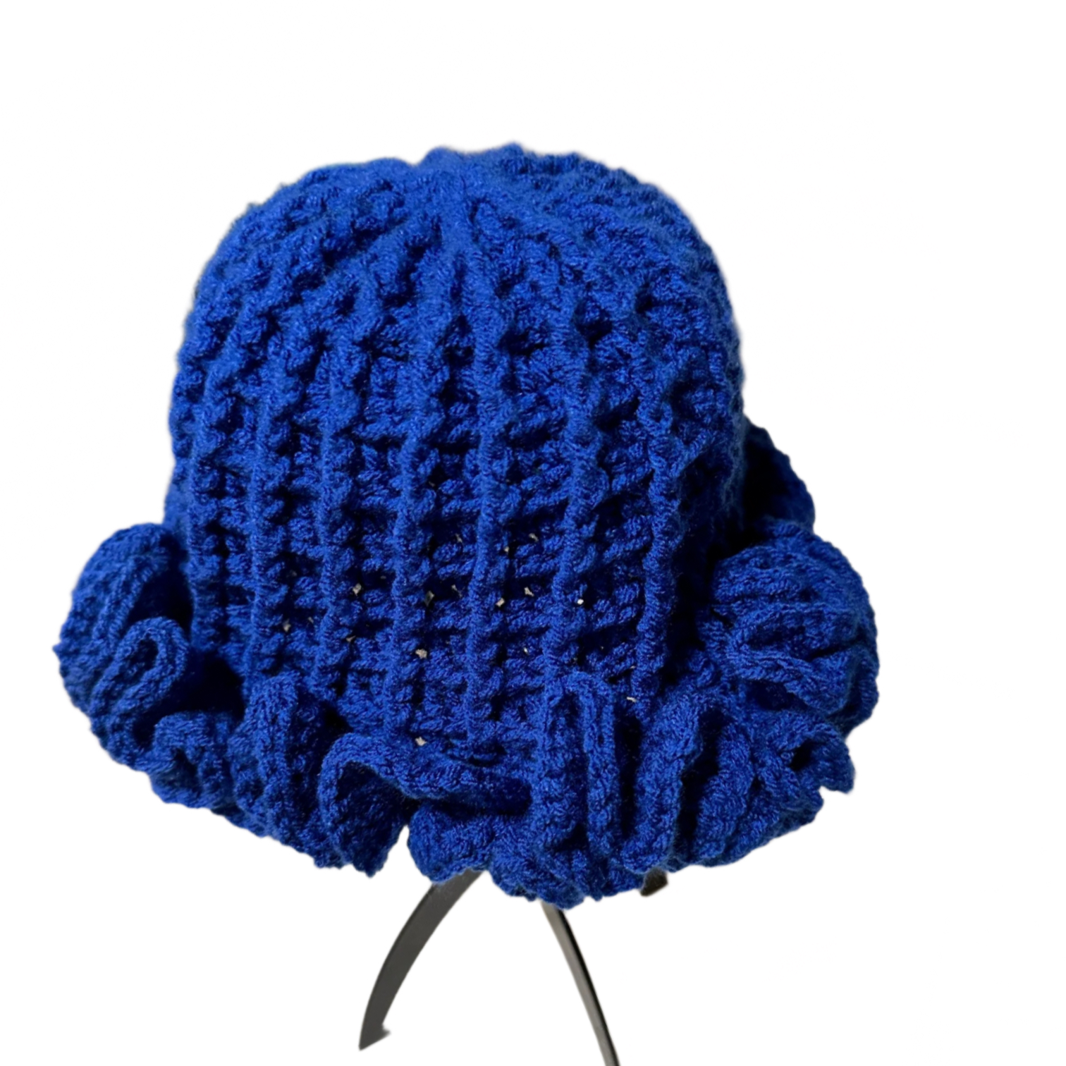Handmade blue ruffle hat with textured knit design and decorative ruffled edges
