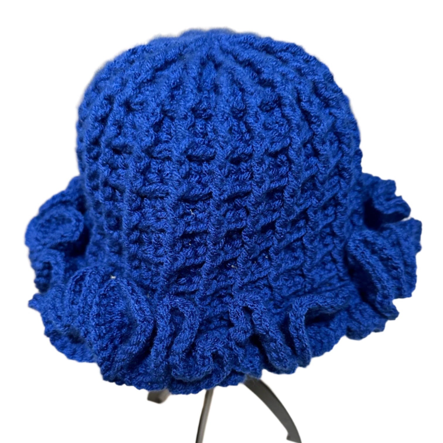 Handmade blue ruffle hat with textured knit pattern and decorative ruffled brim