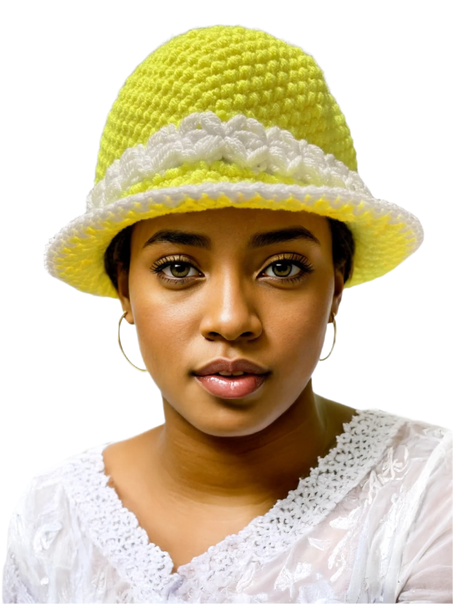 Handmade crochet bucket hat in yellow and white worn by woman with hoop earrings and white top
