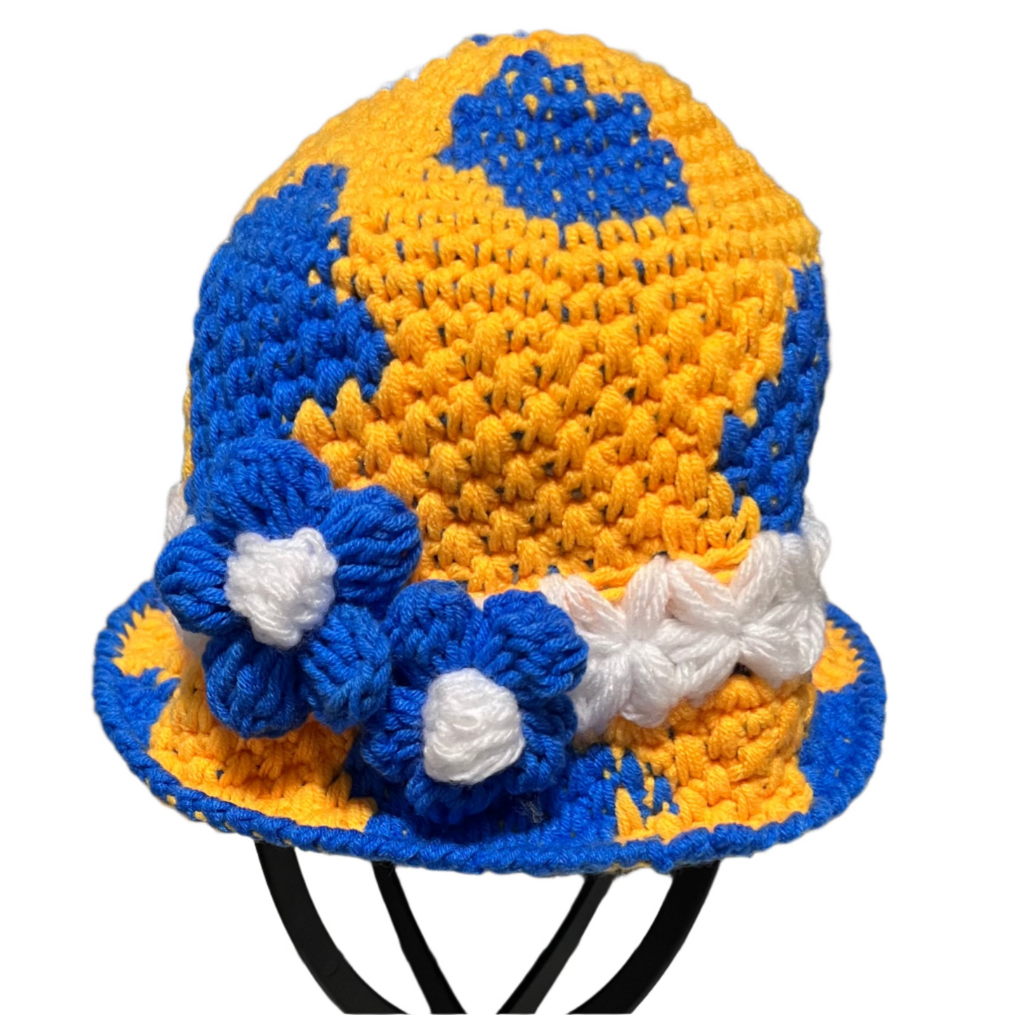 Handmade crochet toddler bucket hat in yellow and blue with flower accents by ThreadsByHannah
