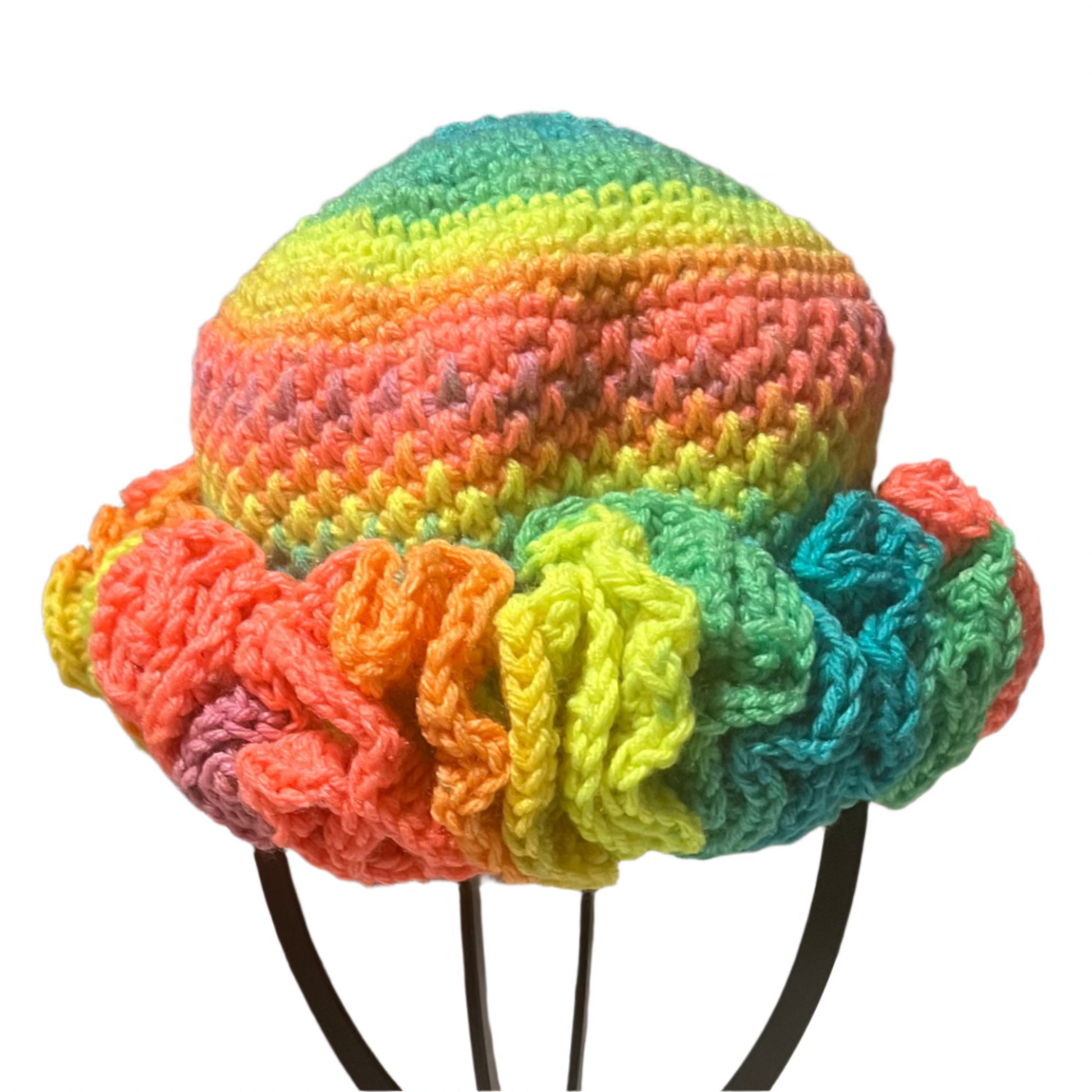 Colorful handmade crochet toddler hat with ruffle brim by ThreadsByHannah