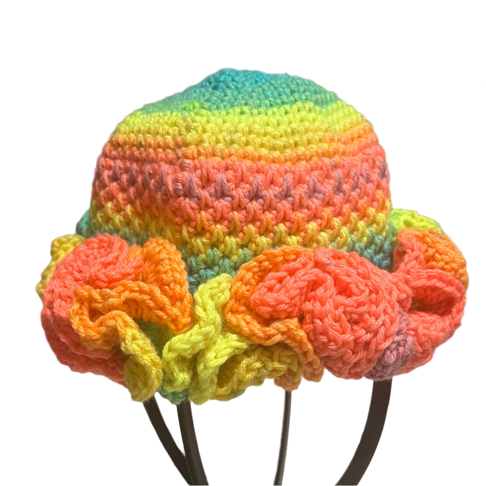 ThreadsByHannah handmade crochet toddler hat with colorful ruffles in bright rainbow shades