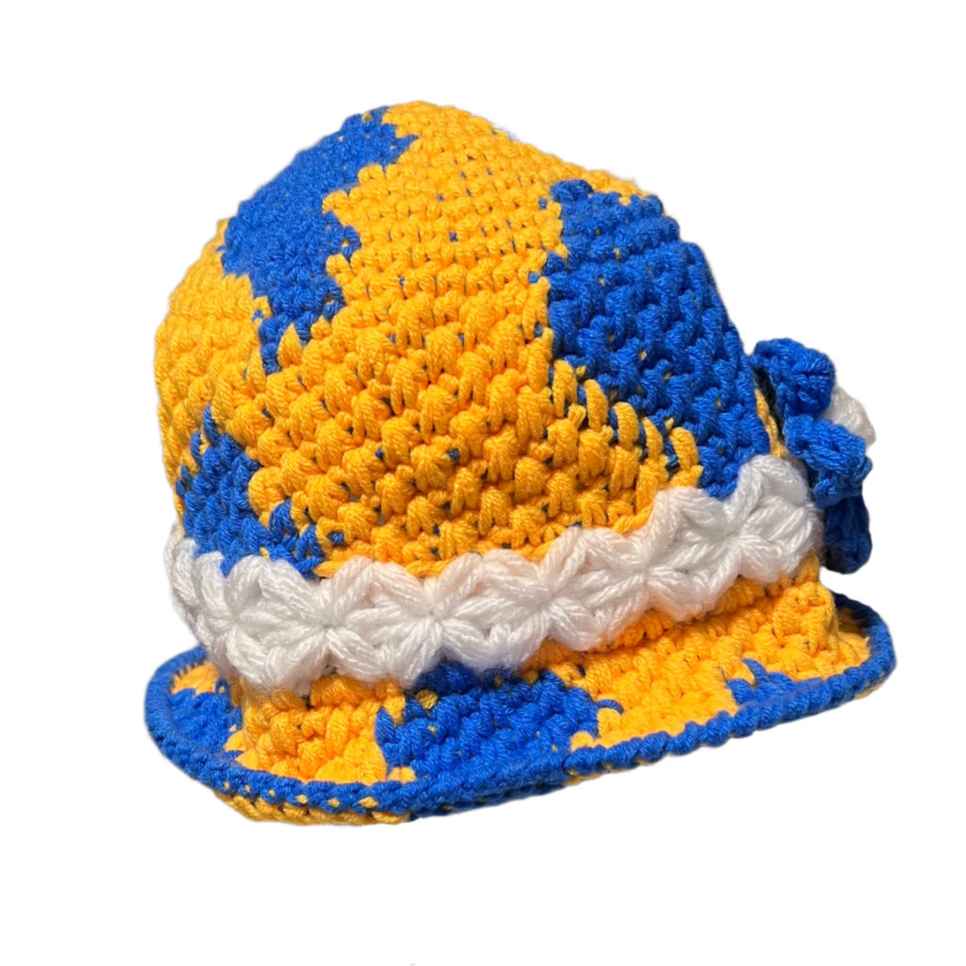 Handmade crochet toddler hat in yellow blue and white with decorative flower by ThreadsByHannah