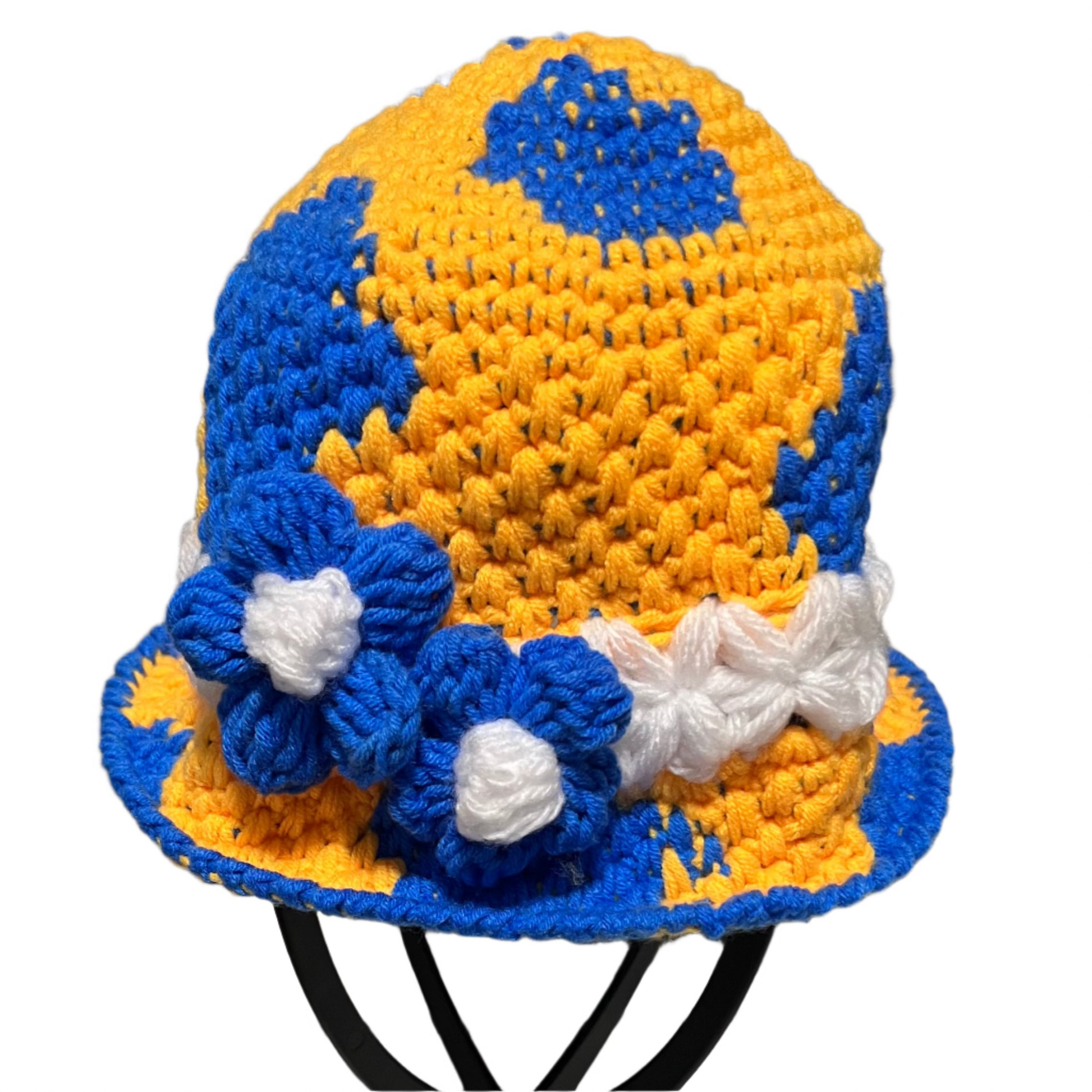 Handmade crochet toddler hat bucket style in yellow blue with white flower accents by ThreadsByHannah
