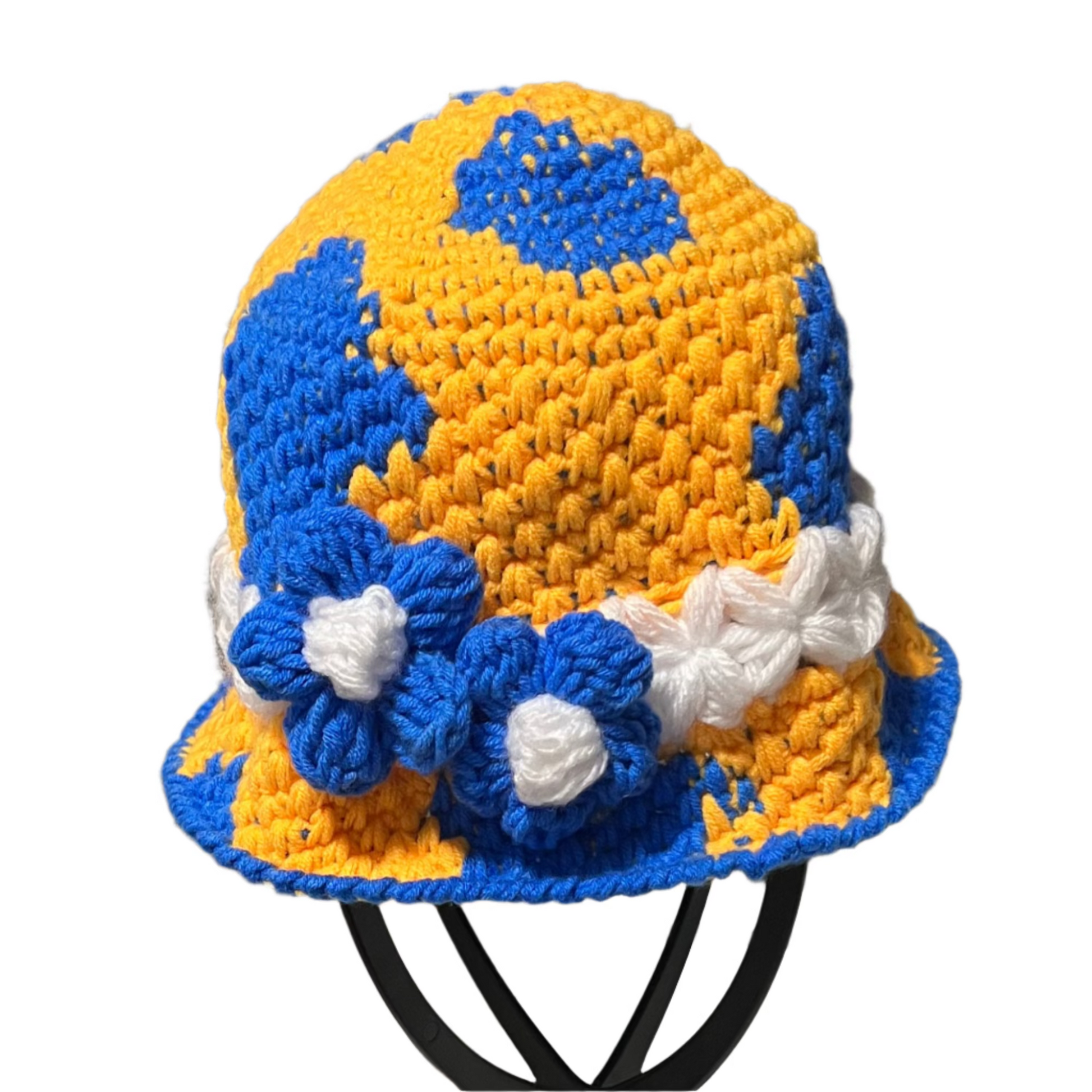 Handmade crochet toddler hat bucket style in yellow and blue with white and blue flower accents