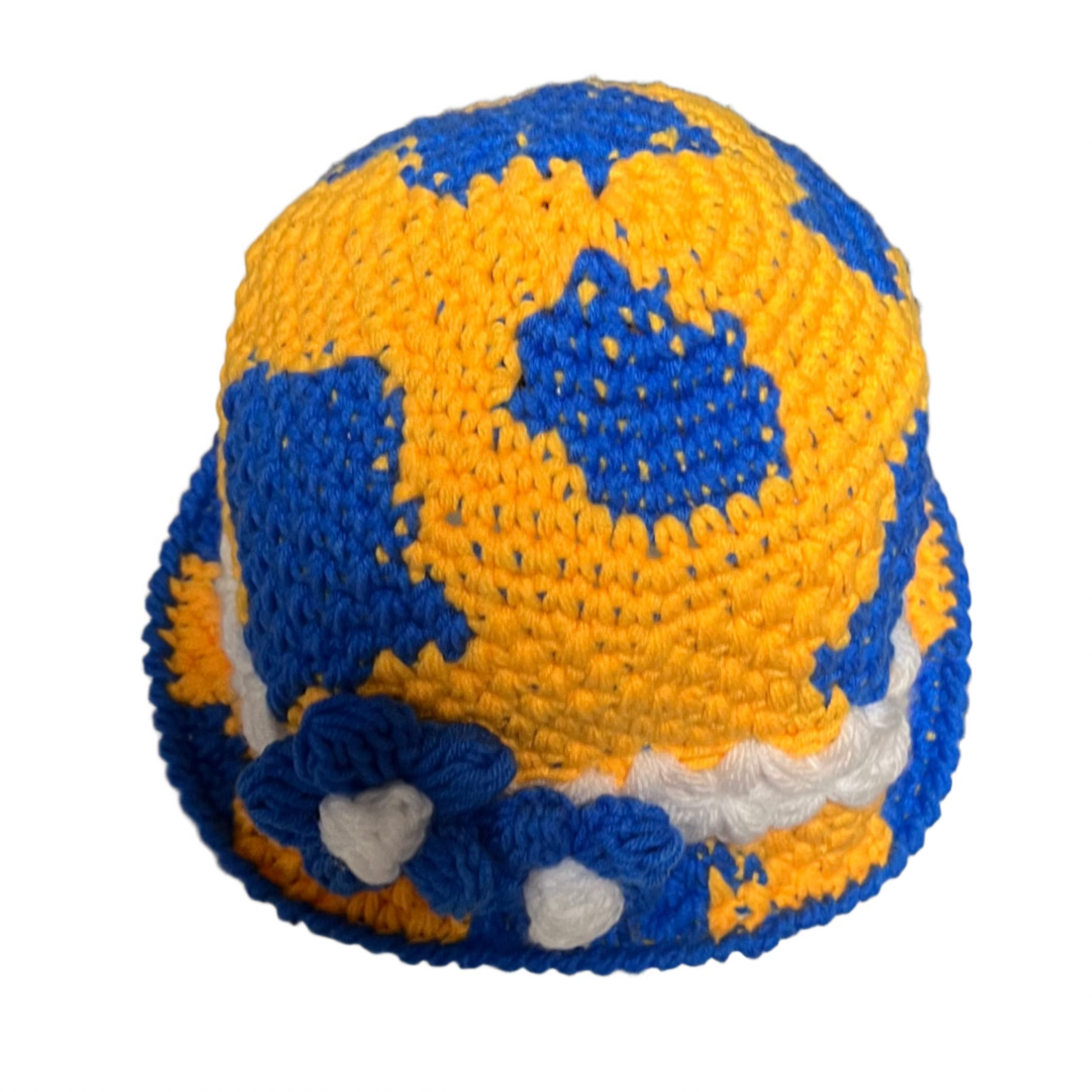 Handmade crochet toddler hat bucket style in yellow and blue with flower details by ThreadsByHannah