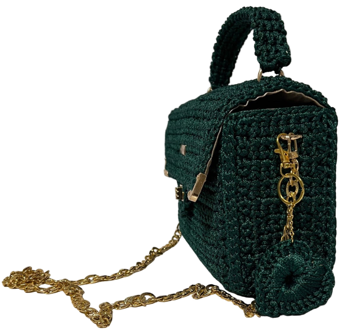 Handmade Green Satchel Shoulder Handbag with gold chain and unique knitted texture
