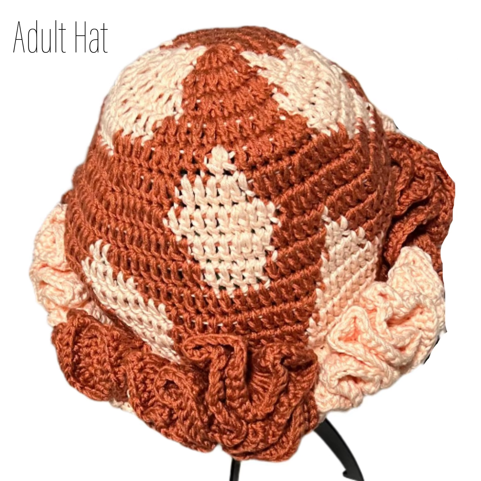 Handmade ruffle hat in brown and cream colors by ThreadsByHannah featuring handmade mommy and me hats