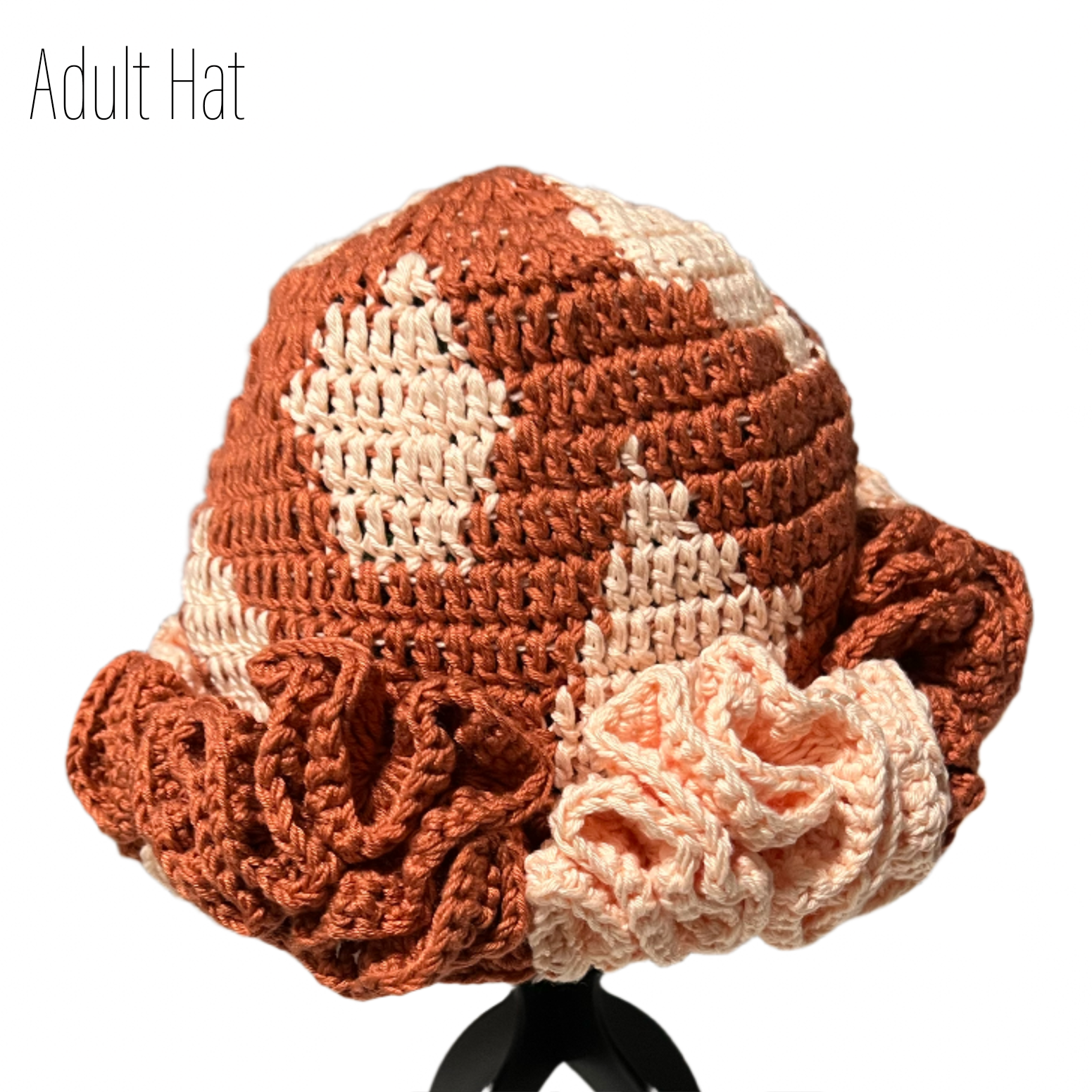 Handmade ruffle hat in rust and beige crochet design by ThreadsByHannah featuring handmade mommy and me hats