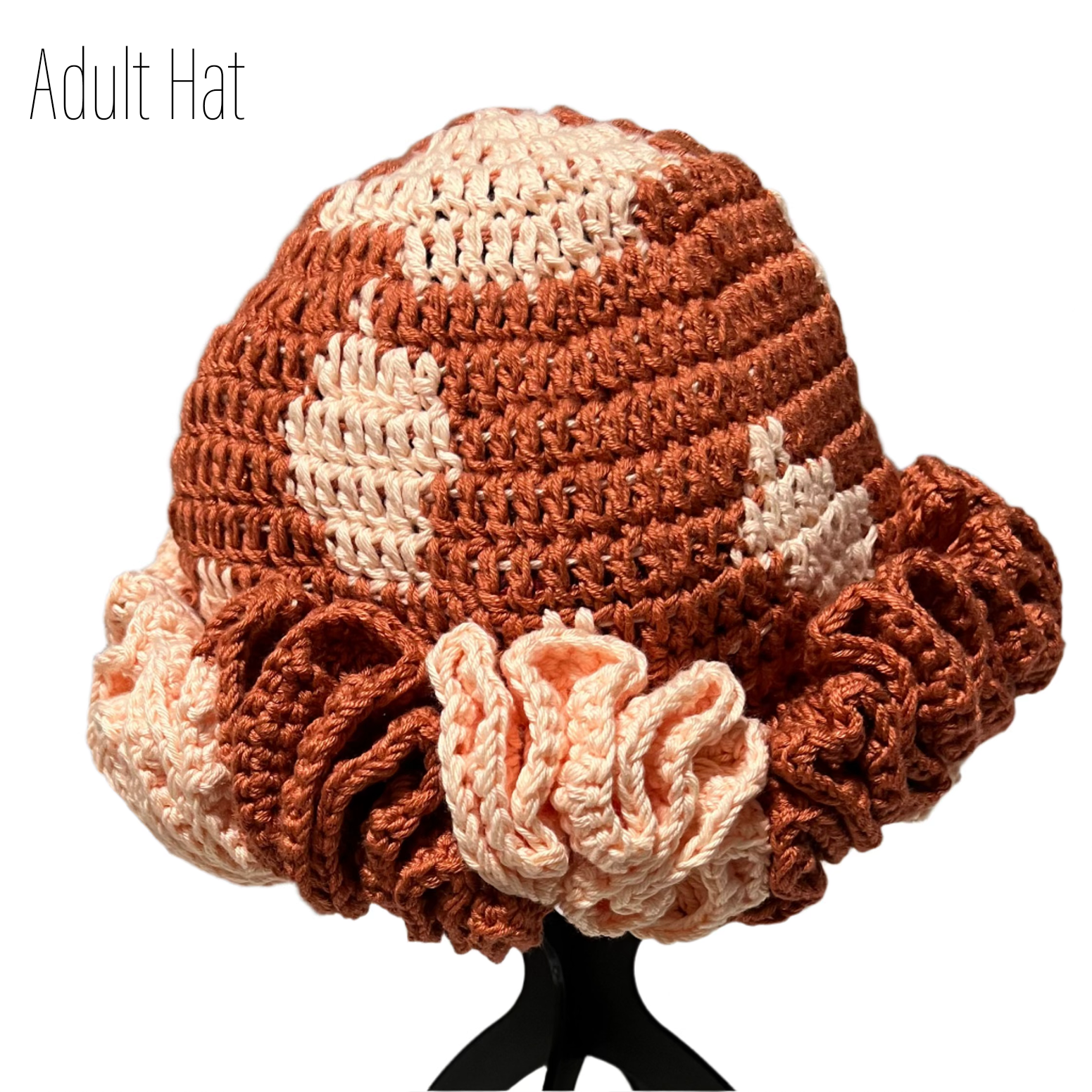 Handmade mommy and me hats ruffle crochet adult hat in brown and cream colors by ThreadsByHannah
