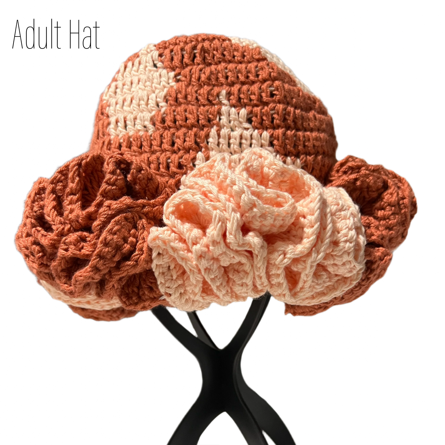 Handmade ruffle hat in brown and peach crochet by ThreadsByHannah featuring handmade mommy and me hats