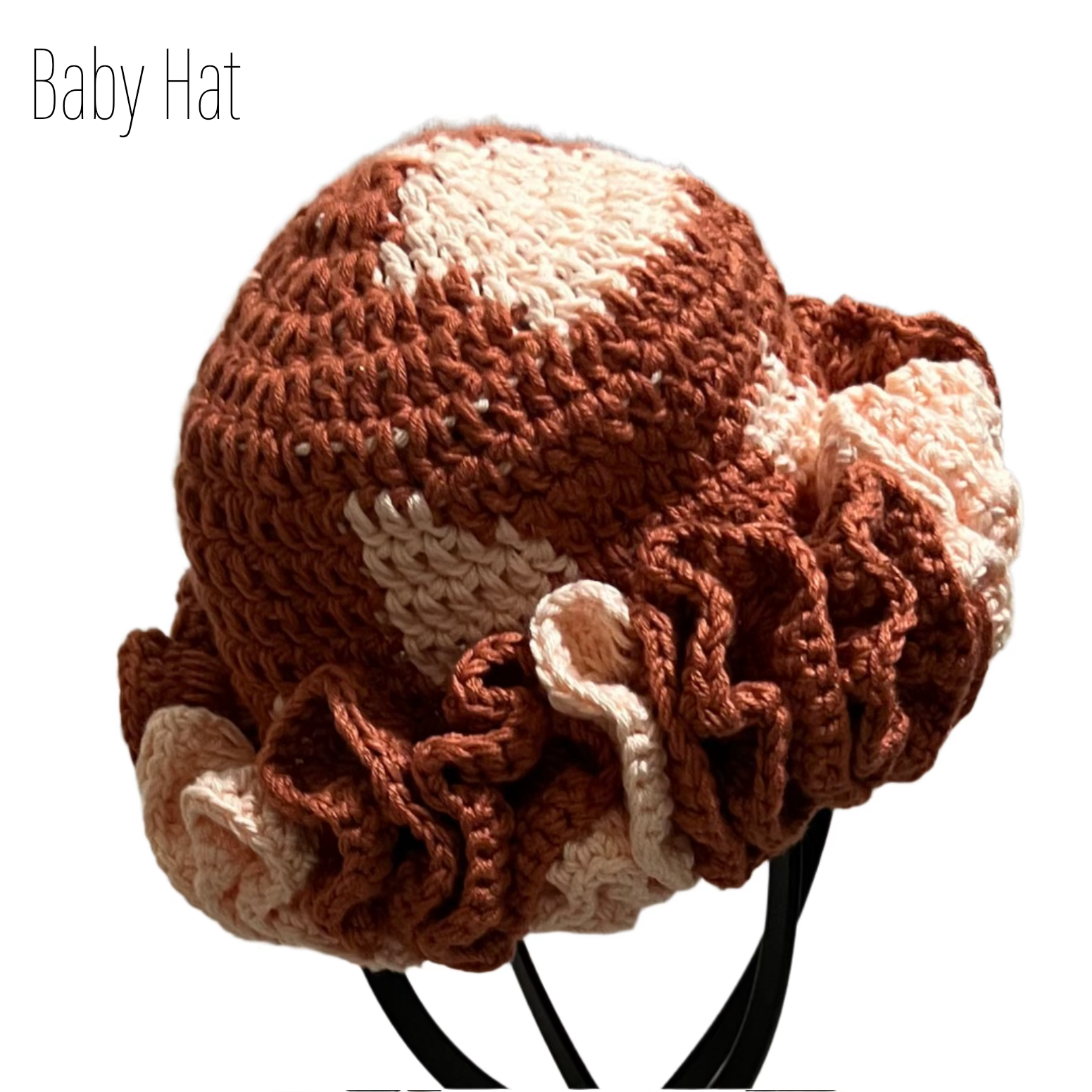 Handmade ruffle baby hat in brown and cream crochet by ThreadsByHannah perfect for handmade mommy and me hats