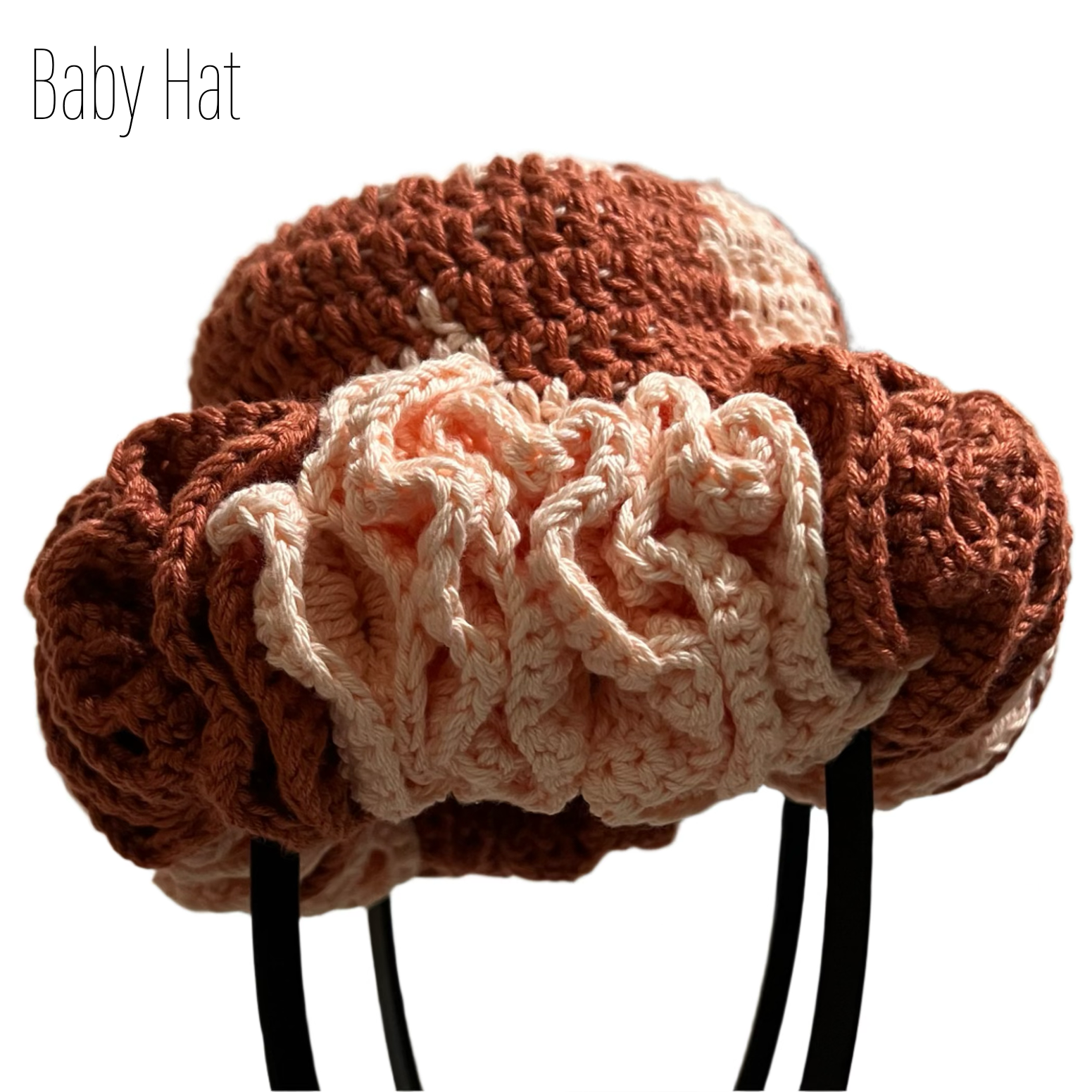 Handmade ruffle baby hat in brown and beige crochet design from ThreadsByHannah with handmade mommy and me hats