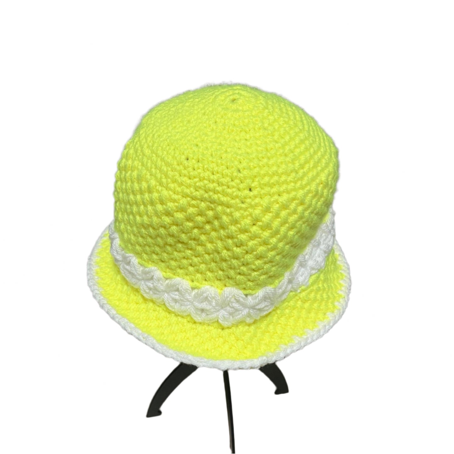 Yellow flower baby bucket hat crocheted with white flower detail by ThreadsByHannah