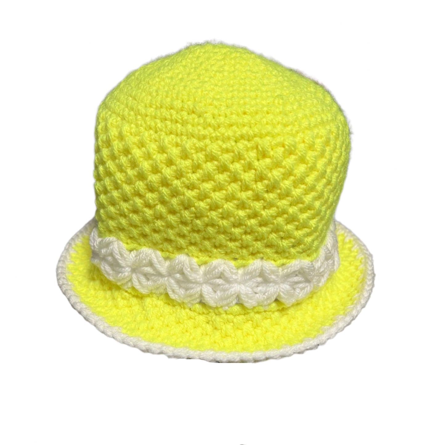 Yellow flower baby bucket hat by ThreadsByHannah crocheted with white flower detail