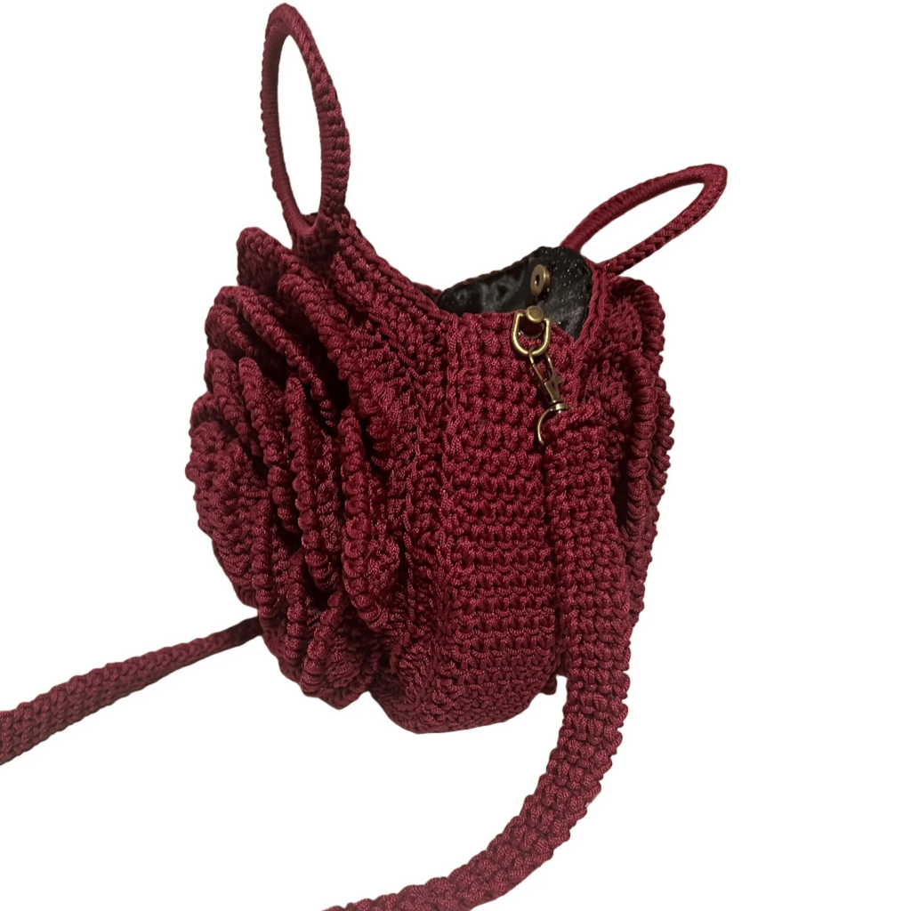 ThreadsByHannah Maasai Rose Artisan Red Crochet Purse with detailed flower design and long crossbody strap