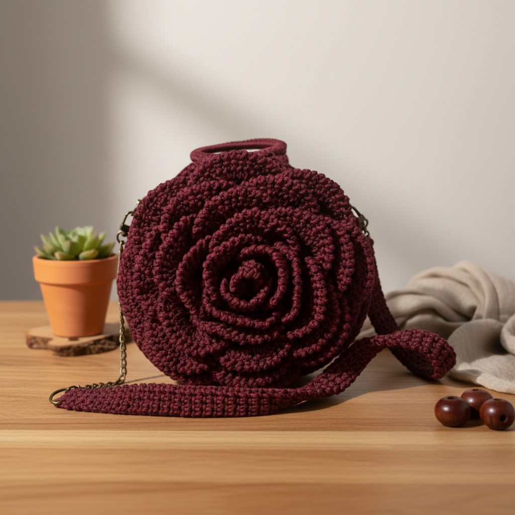 Maasai Rose Artisan Red Crochet Purse crossbody bag with intricate rose pattern by ThreadsByHannah