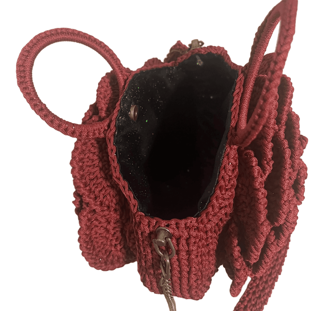 Maasai Rose Artisan Red Crochet Purse crossbody with open top showing black interior lining