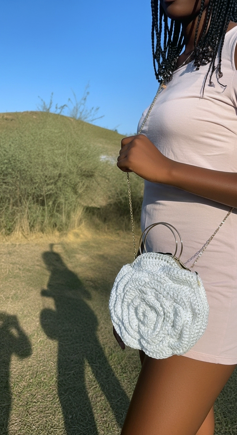 African Handmade Crochet Flower Sling Purse in white, perfect for stylish summer outings