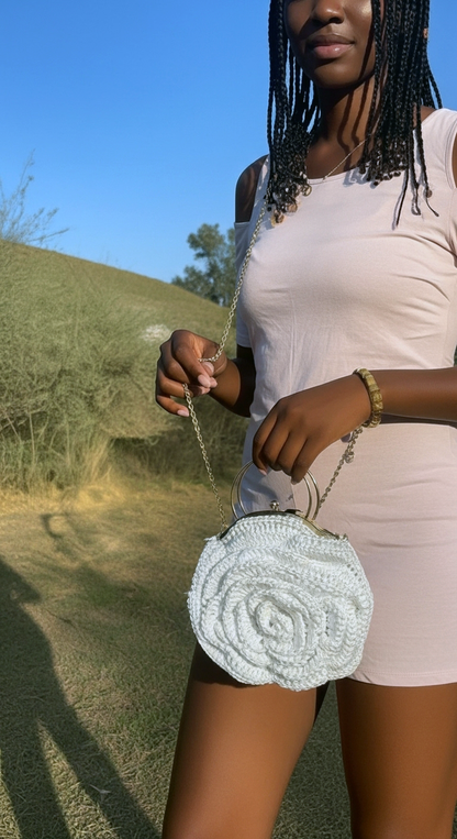 African Handmade Crochet Flower Sling Purse in white, perfect for stylish outings and casual events
