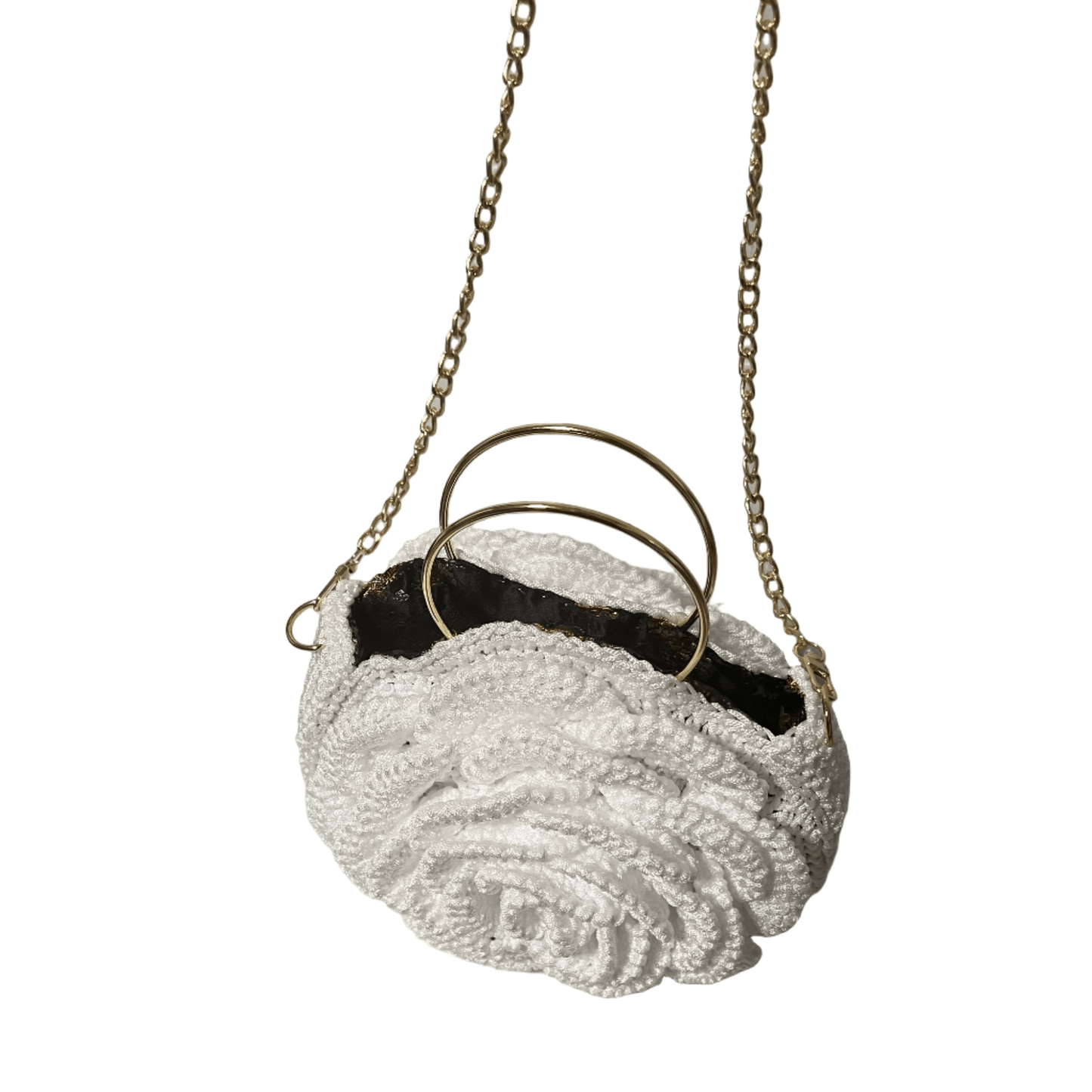 African Handmade Crochet Flower Sling Purse with elegant floral design and gold chain strap