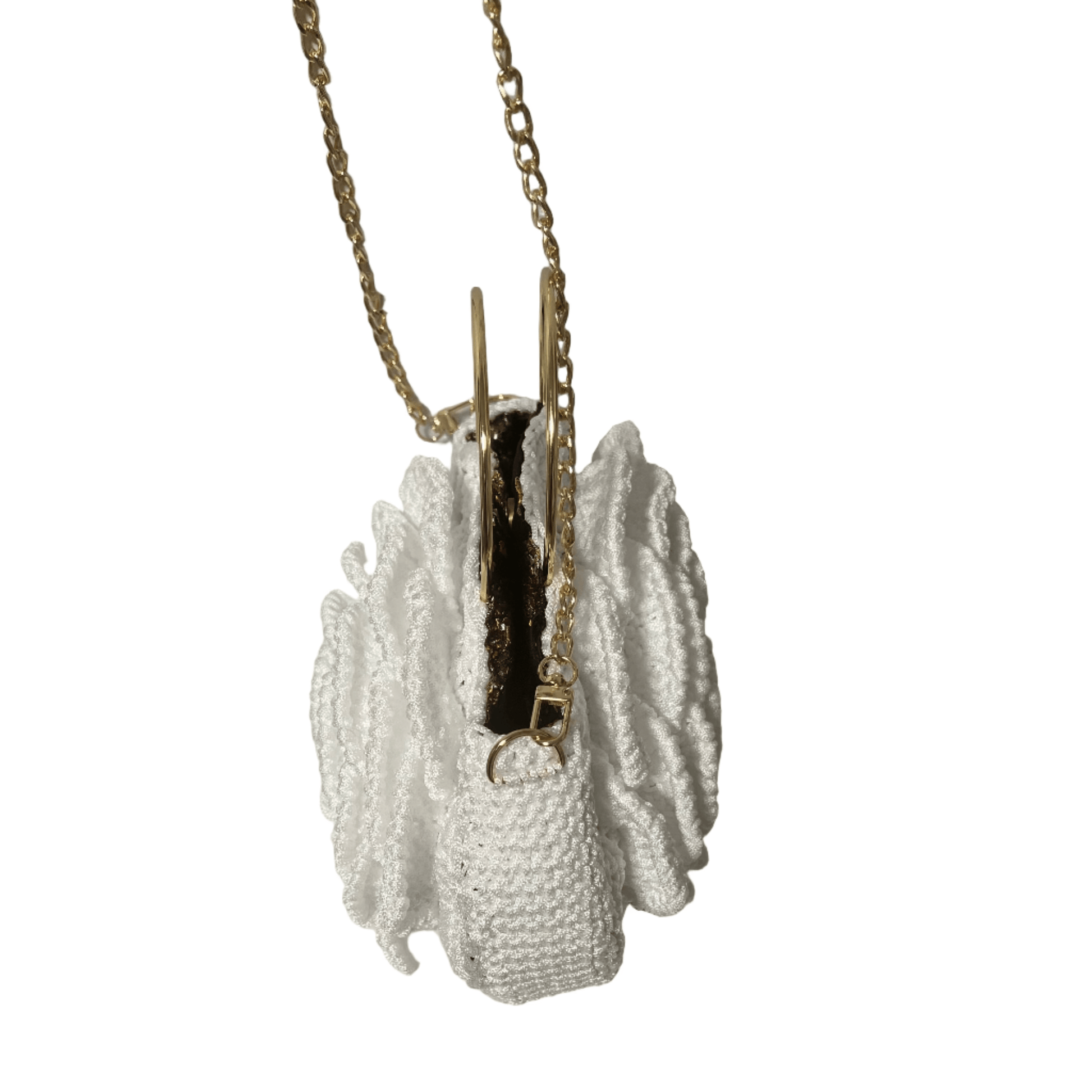 African Handmade Crochet Flower Sling Purse in white with a gold chain strap for stylish outfits