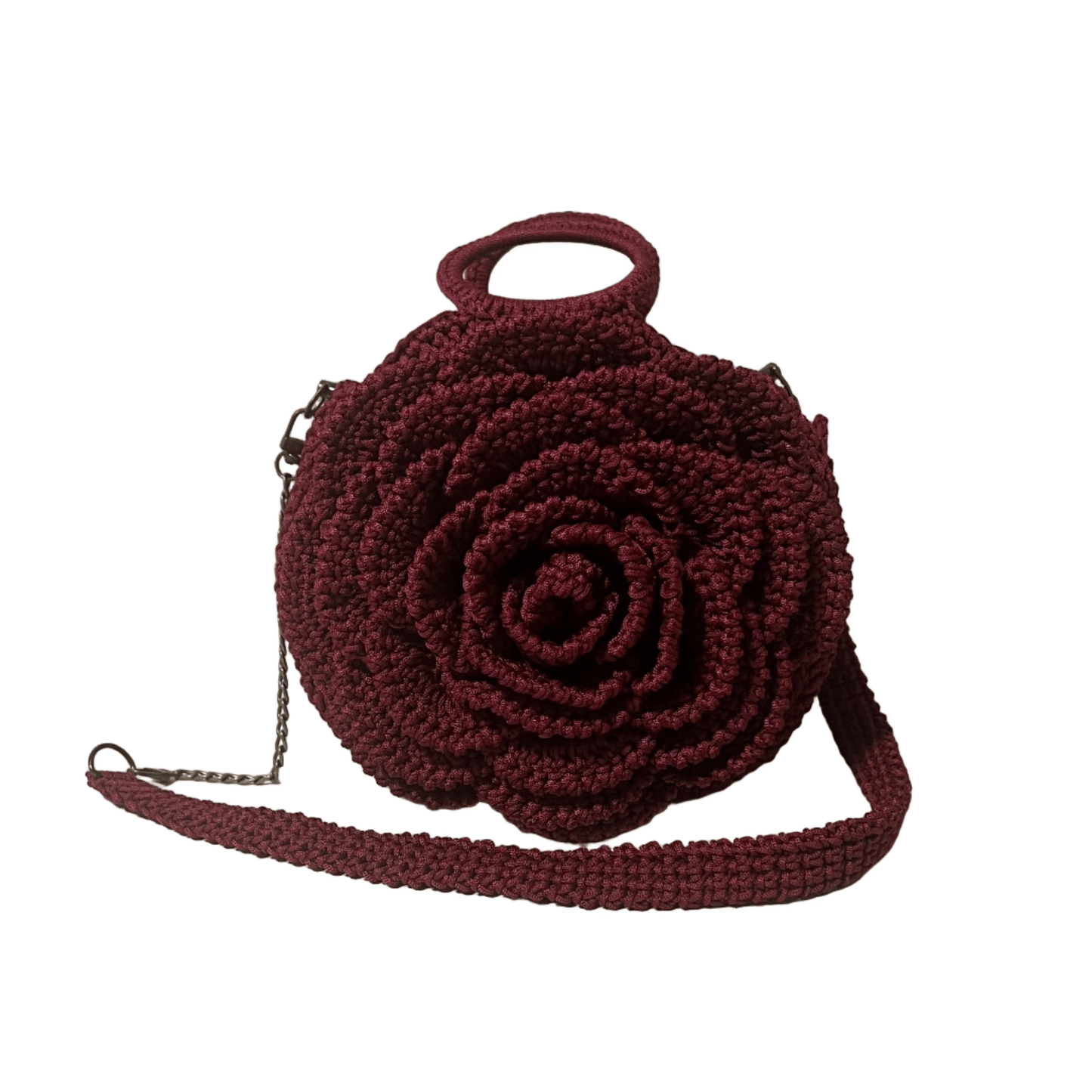 African Handmade Crochet Sling Flower Purse in burgundy with a unique rose design and shoulder strap