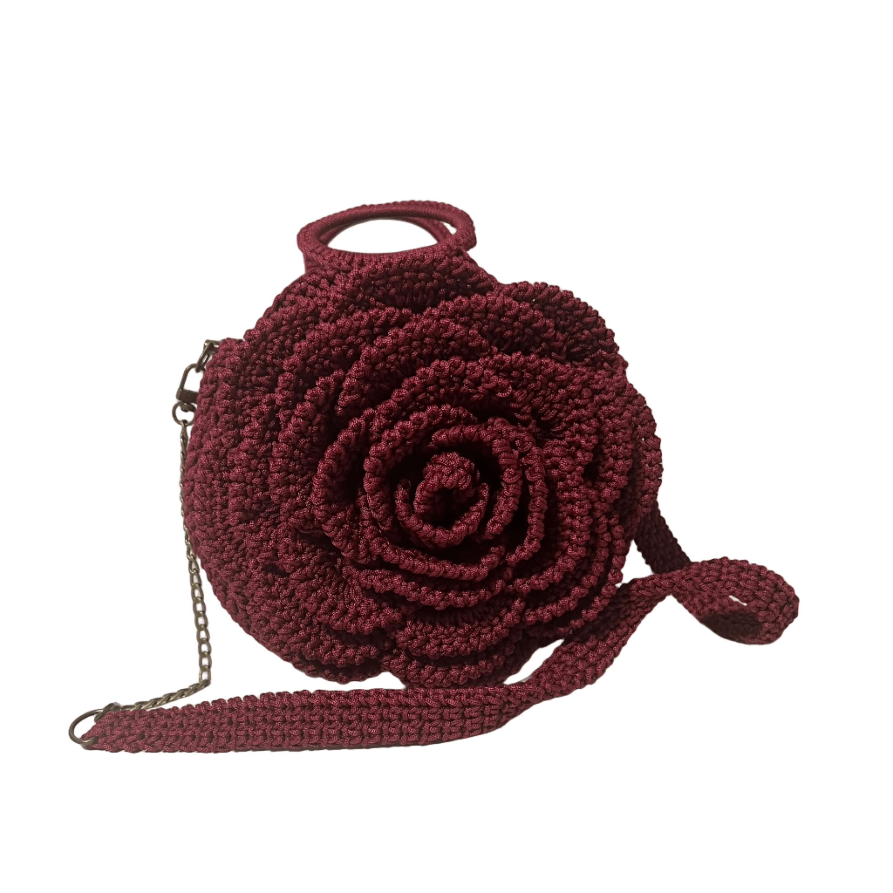 African Handmade Crochet Sling Flower Purse in burgundy with an intricate rose design and adjustable strap