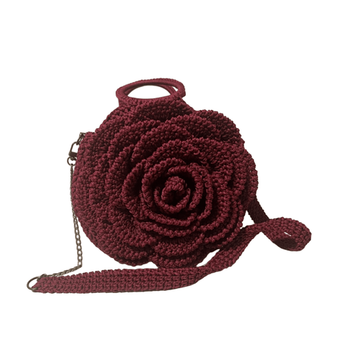 African Handmade Crochet Sling Flower Purse in burgundy with an intricate rose design and adjustable strap