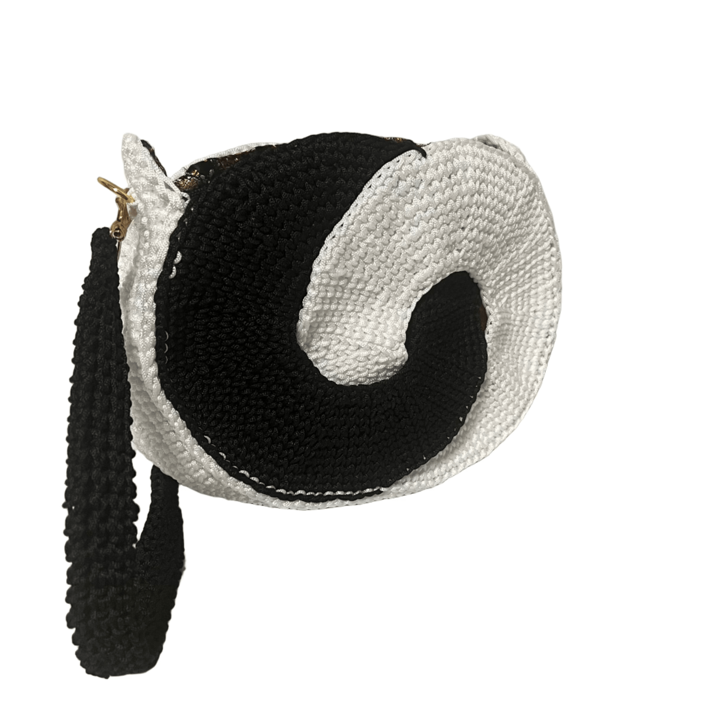 African Handmade Crochet Sling Purse in black and white spiral design with adjustable strap