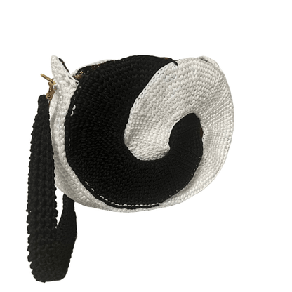 African Handmade Crochet Sling Purse in black and white spiral design with adjustable strap