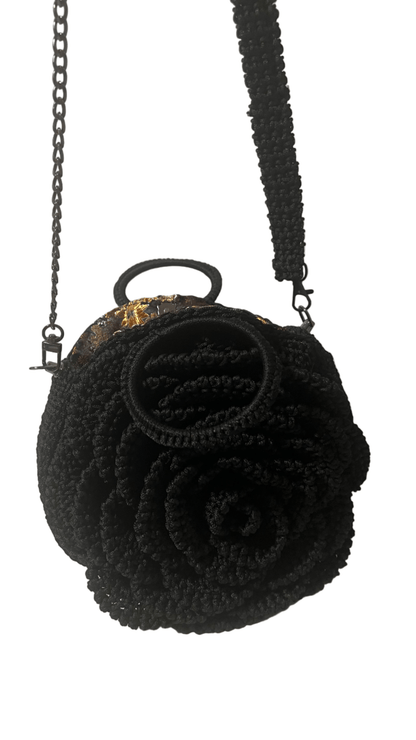 African Handmade Sling Flower Purse in Black with Intricate Floral Design and Chain Strap