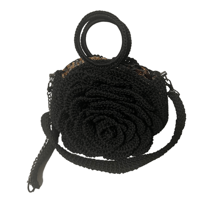 African Handmade Sling Flower Purse in black with a unique floral design and chain strap