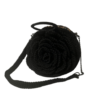 African Handmade Sling Flower Purse in black, featuring a unique rose design and adjustable strap