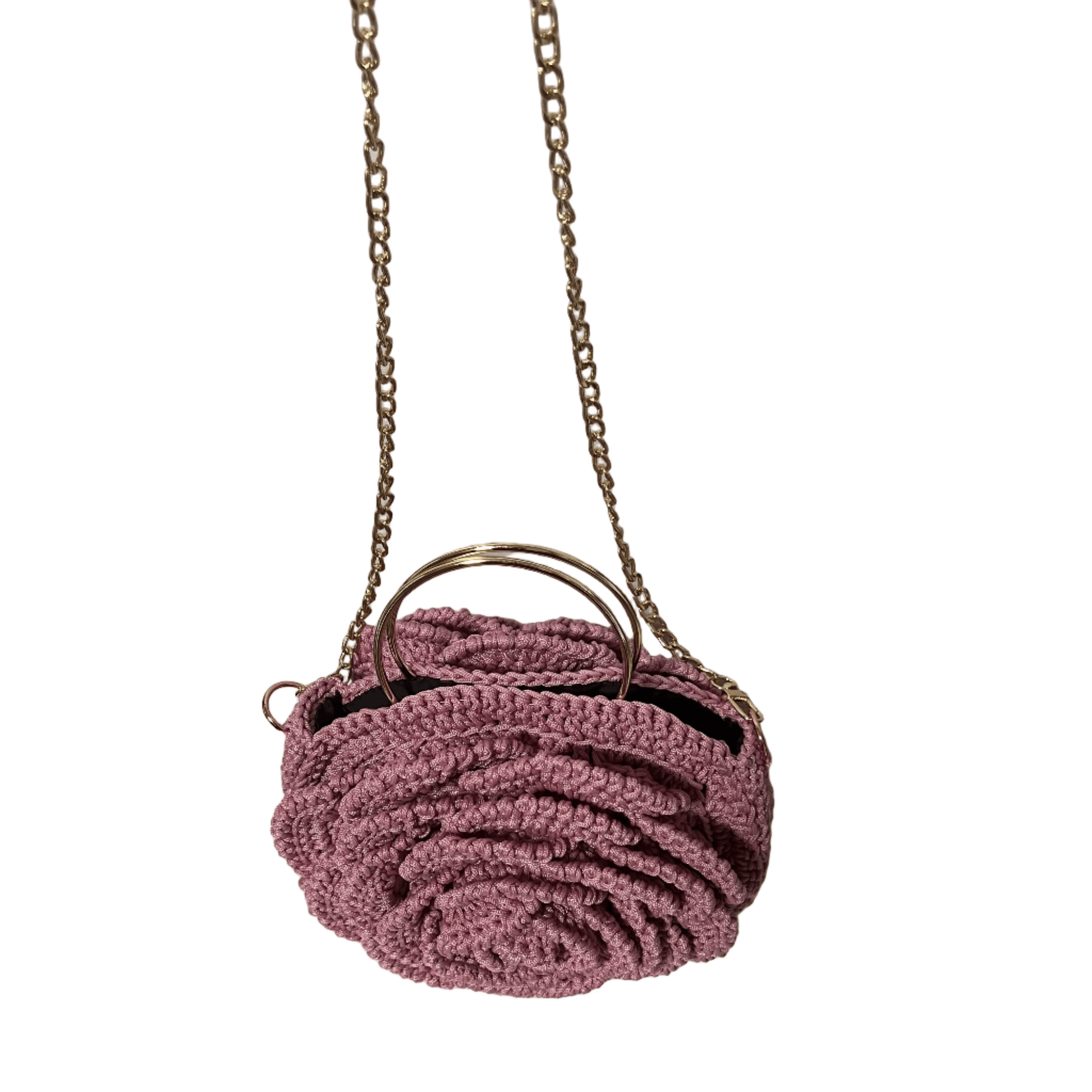 African Handmade Sling Flower Purse in pink with intricate floral design and chain strap